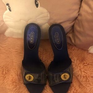 Coach Navy open toe studded thick heel with buckle